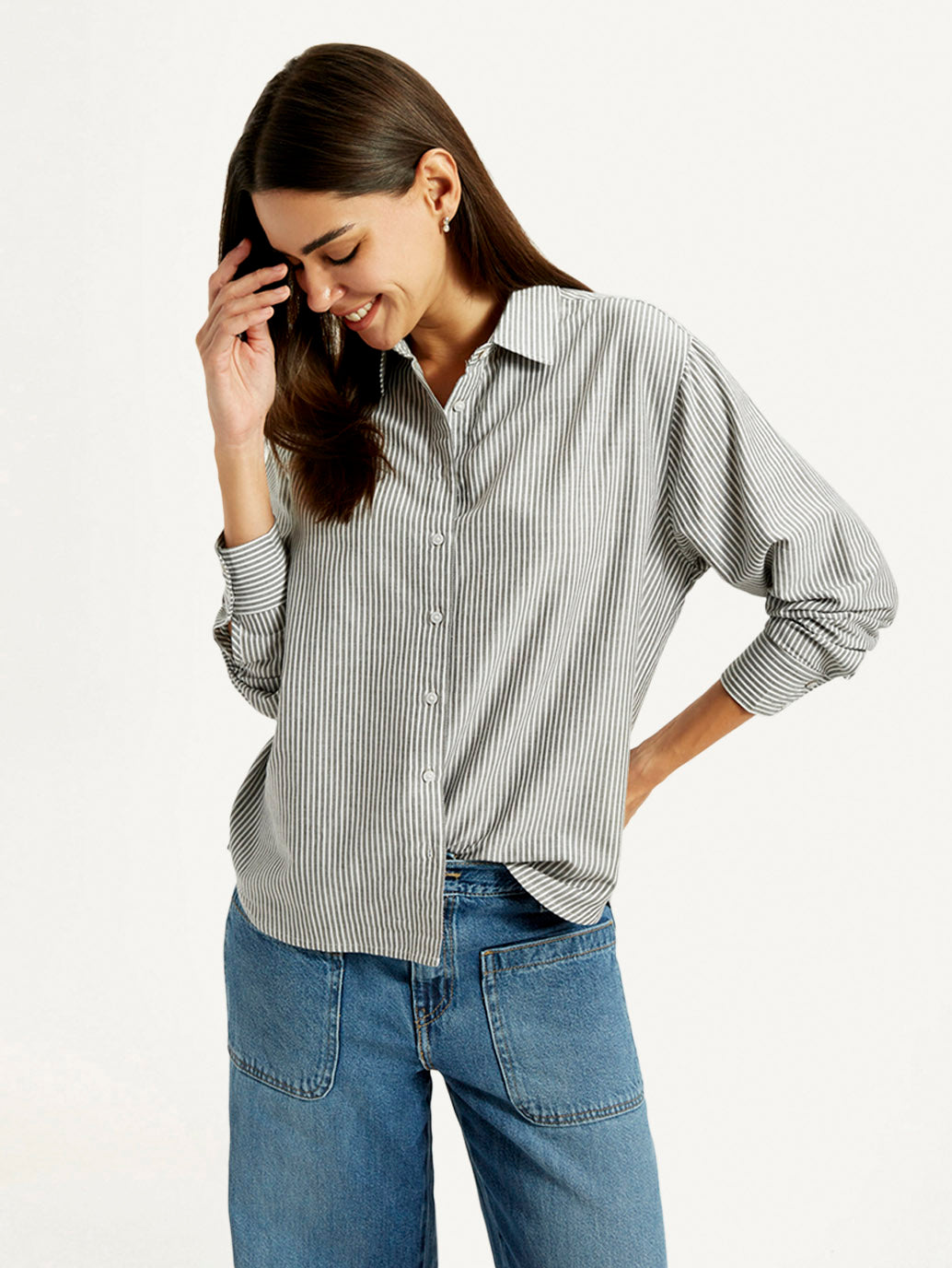 Women's Striped Grey Relaxed Fit Shirt