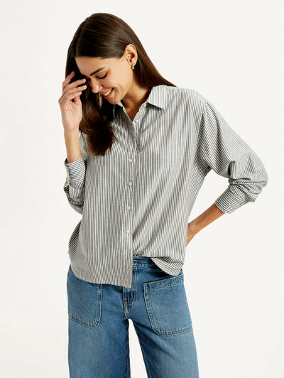 Women's Striped Grey Slim Fit Shirt-image-17
