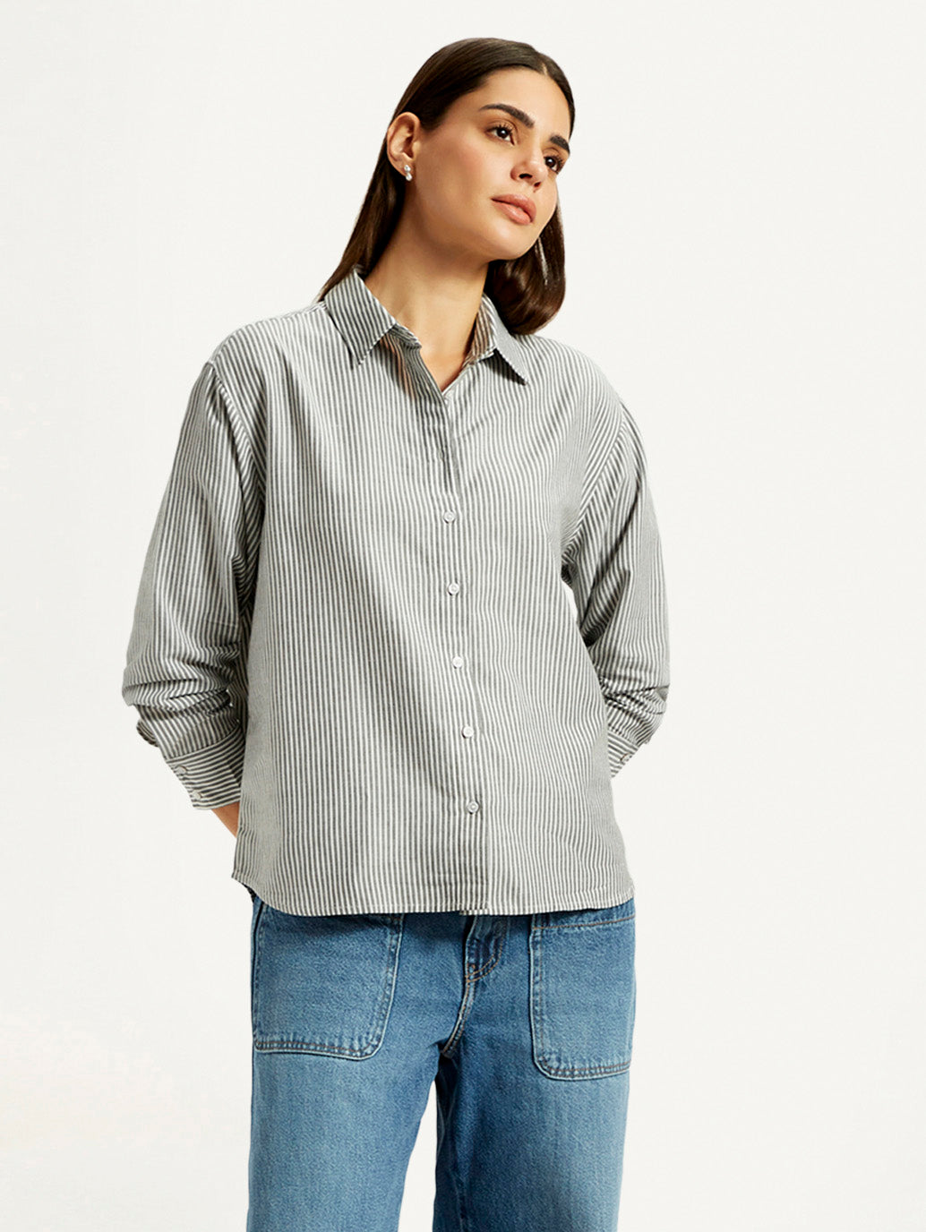 Women's Striped Grey Relaxed Fit Shirt - Styleshot View