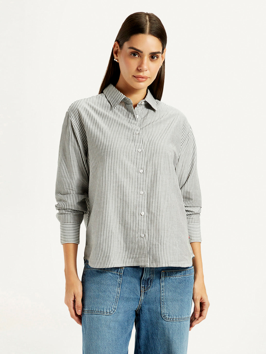 Women's Striped Grey Relaxed Fit Shirt - Front View