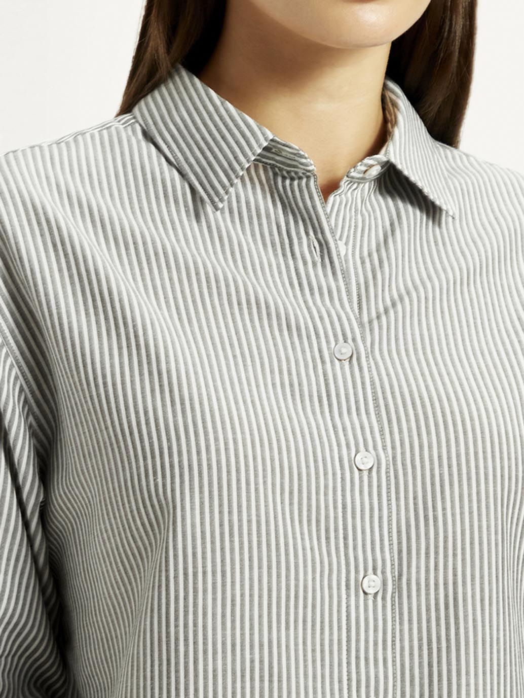Women's Striped Grey Relaxed Fit Shirt - Detail View