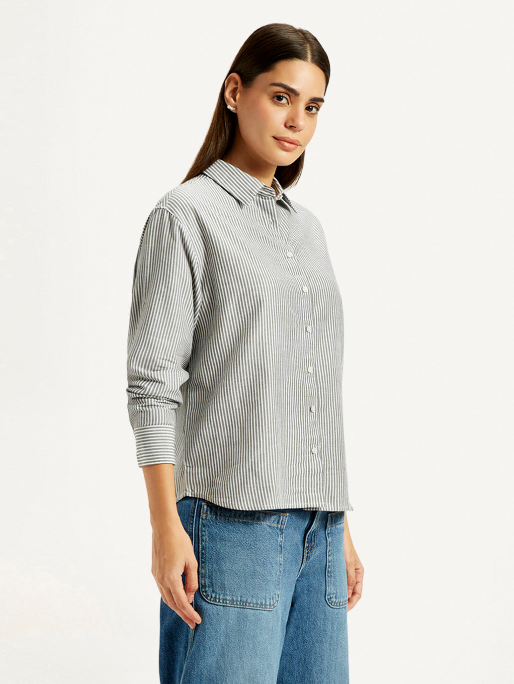 Women's Striped Grey Relaxed Fit Shirt - Side View