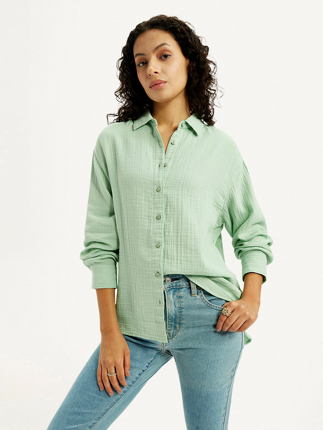 Women's Textured Light Green Relaxed Fit Shirt - Elevated View
