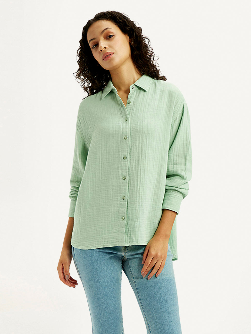 Women's Textured Light Green Relaxed Fit Shirt - Styleshot View