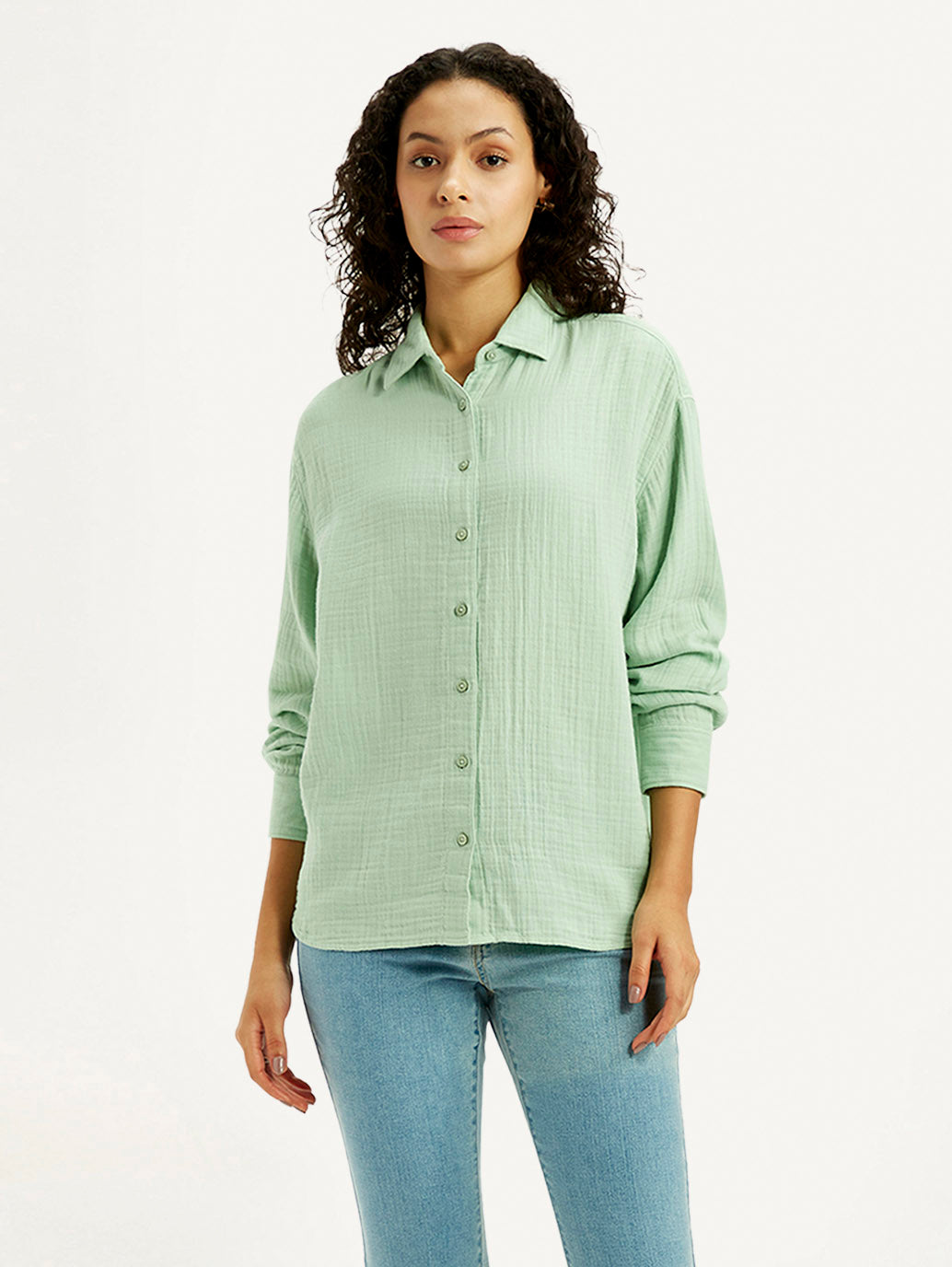 Women's Textured Light Green Relaxed Fit Shirt - Front View