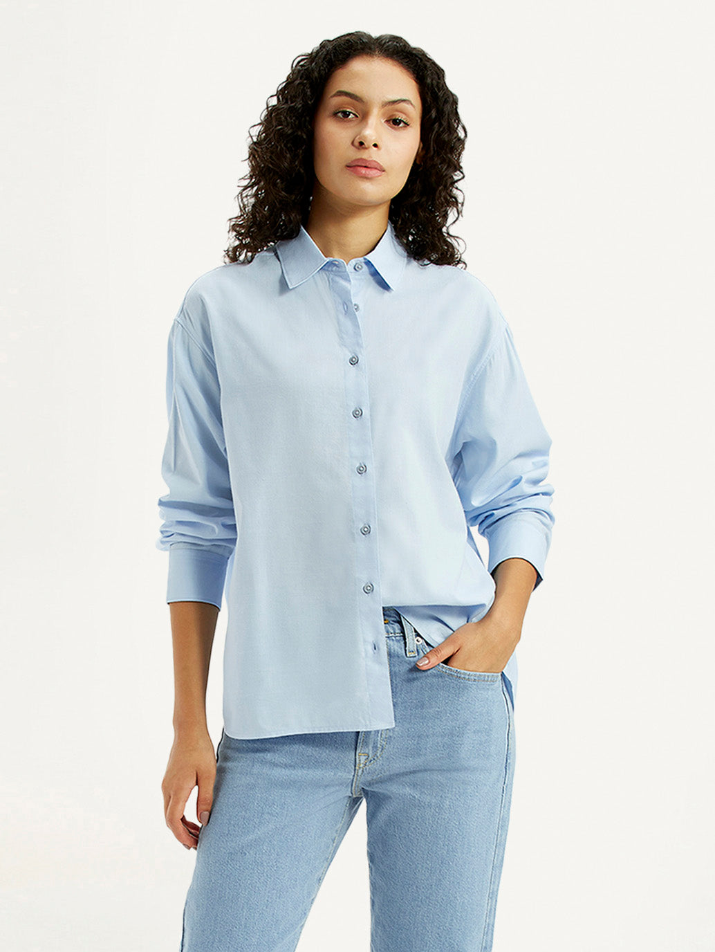 Women's Solid Light Blue Relaxed Fit Shirt - Styleshot View