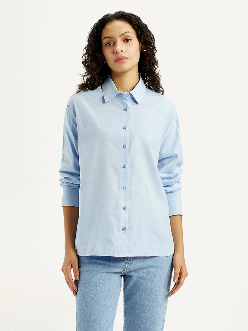 Women's Solid Light Blue Relaxed Fit Shirt - Front View