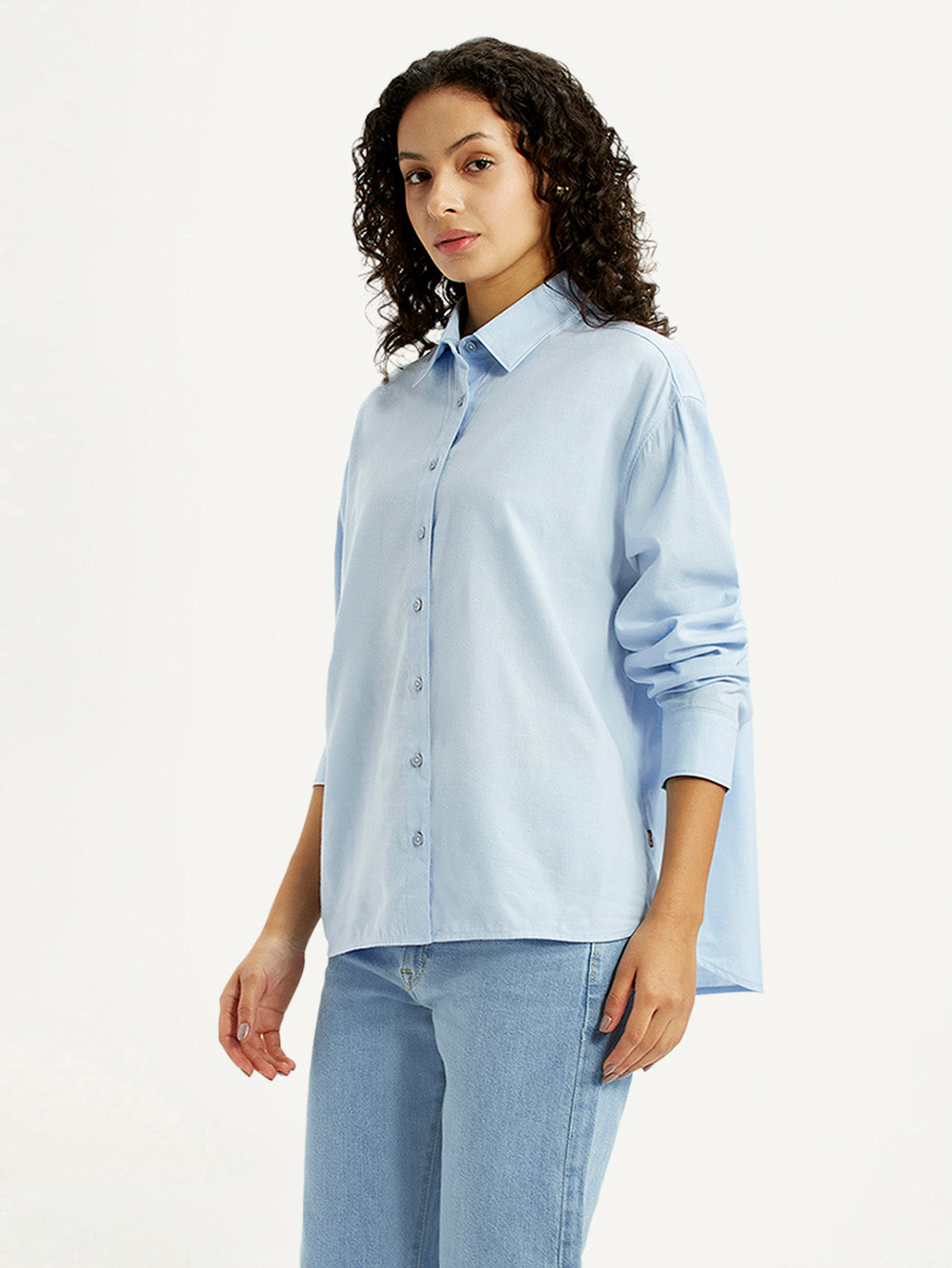 Women's Solid Light Blue Relaxed Fit Shirt - Side View