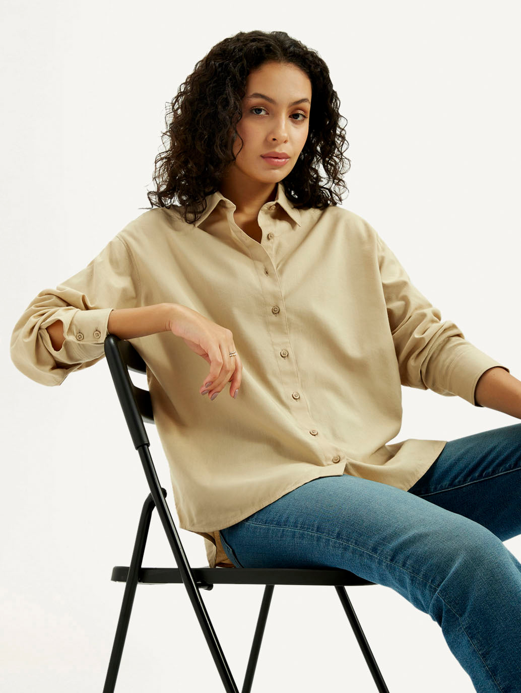 Women's Solid Beige Relaxed Fit Shirt - Elevated View