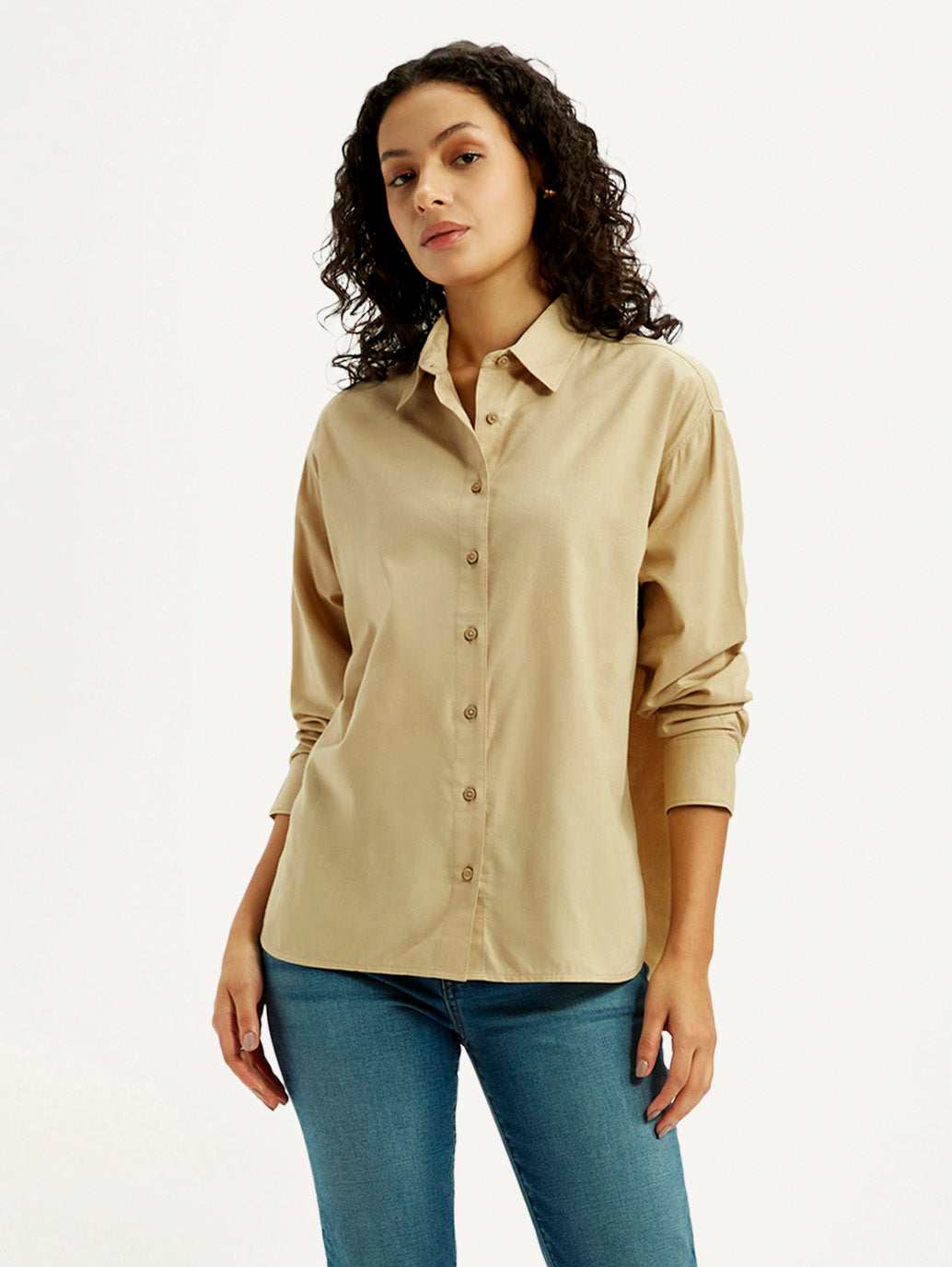 Women's Solid Beige Relaxed Fit Shirt - Styleshot View