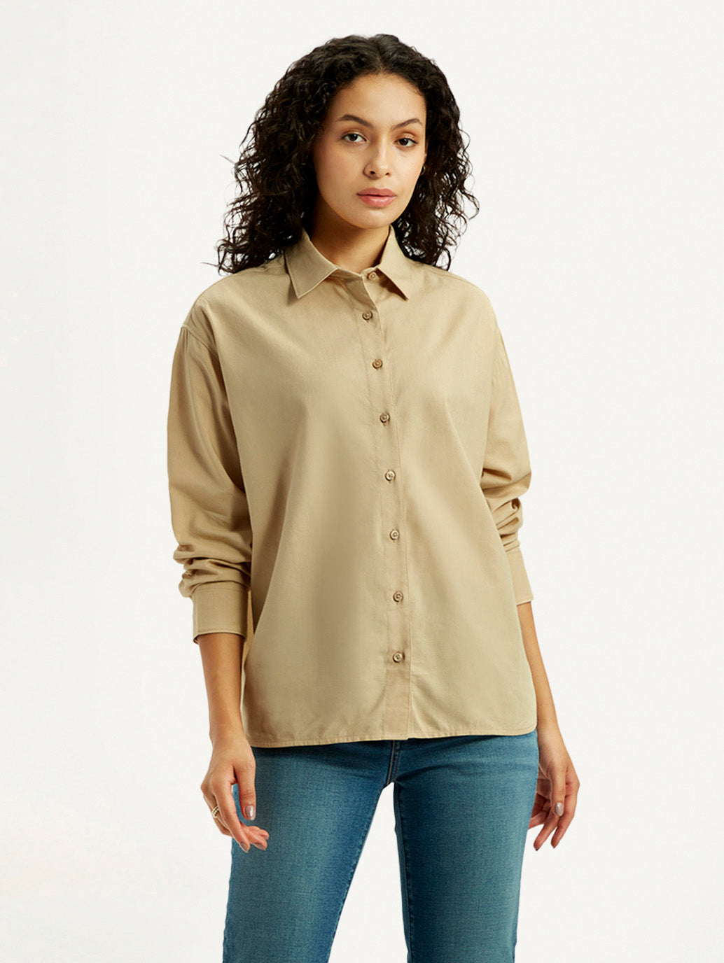 Women's Solid Beige Relaxed Fit Shirt - Front View