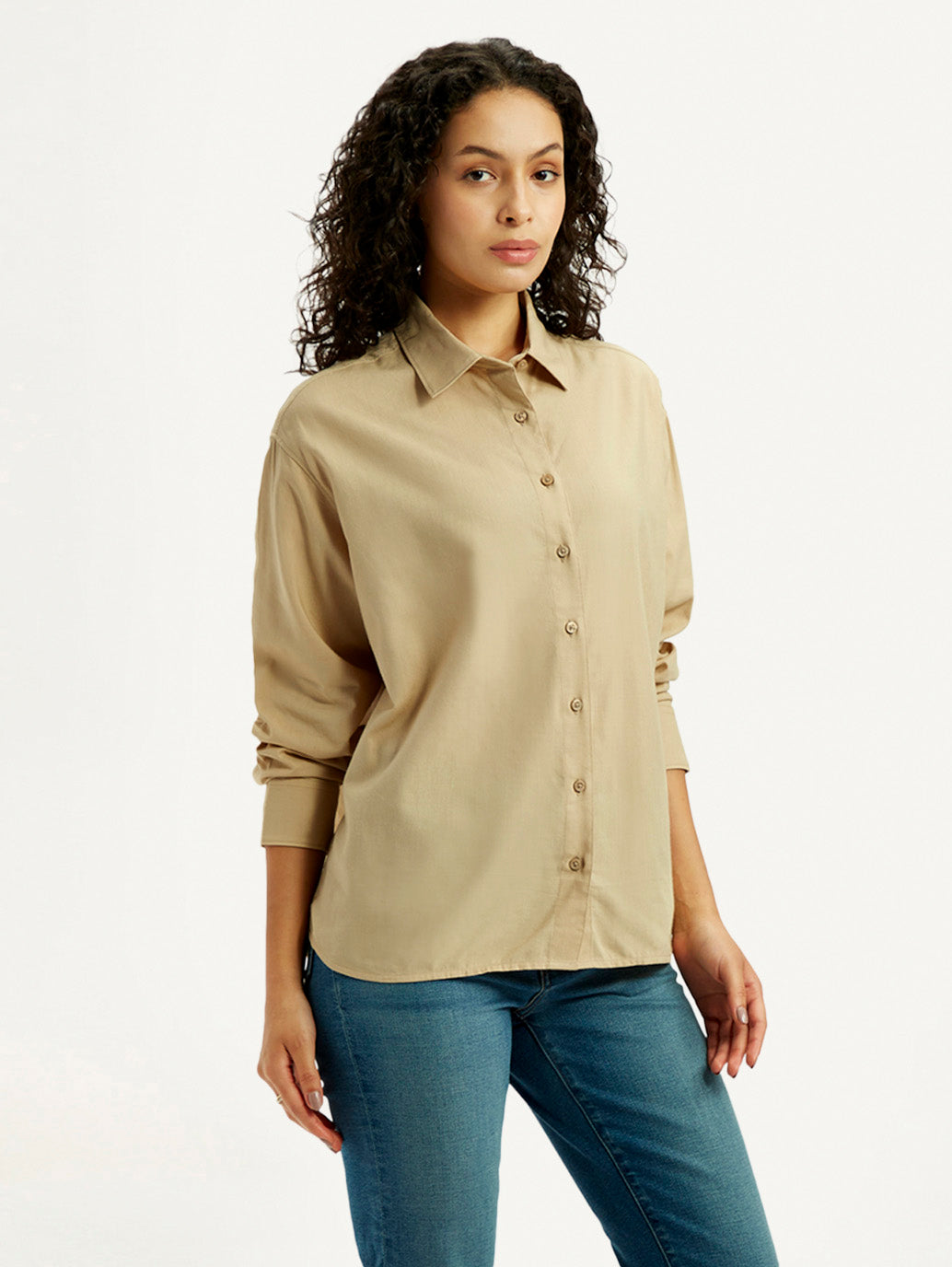 Women's Solid Beige Relaxed Fit Shirt - Side View