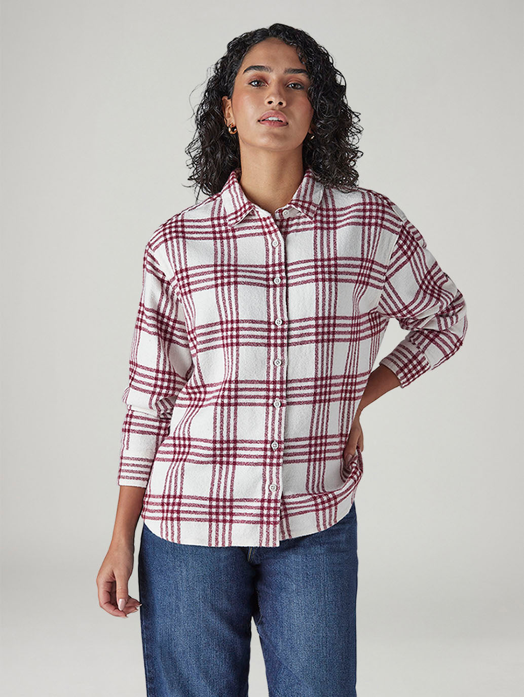 Men's Checkered Relaxed Fit Overshirt - Front View