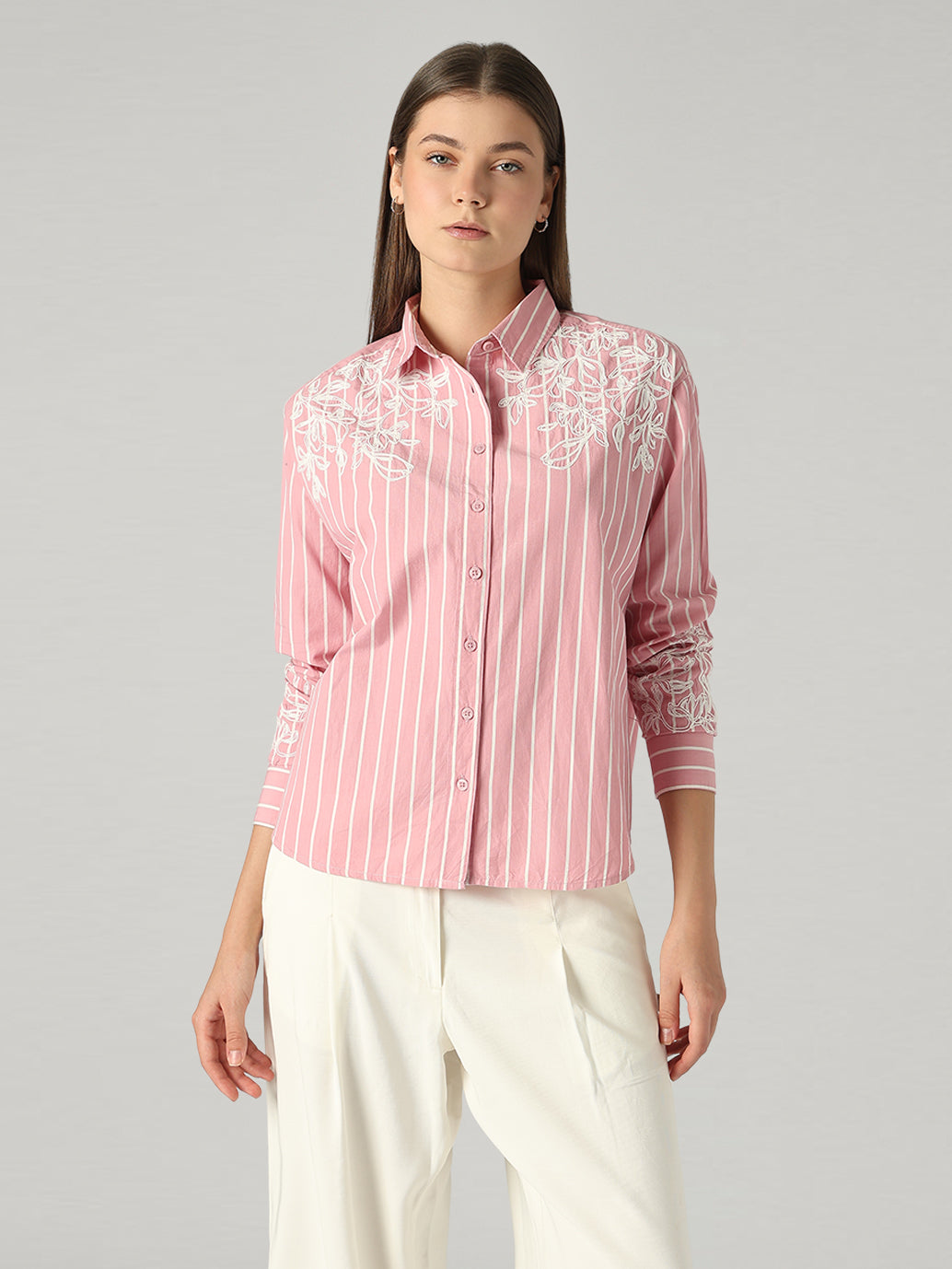 Women's Embroidery Detail Relaxed Fit Poplin Shirt - Front View