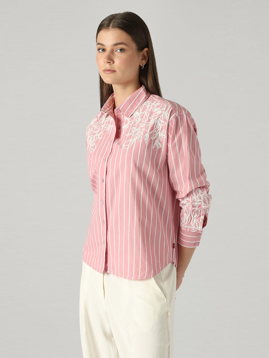 Women's Embroidery Detail Relaxed Fit Poplin Shirt - Side View