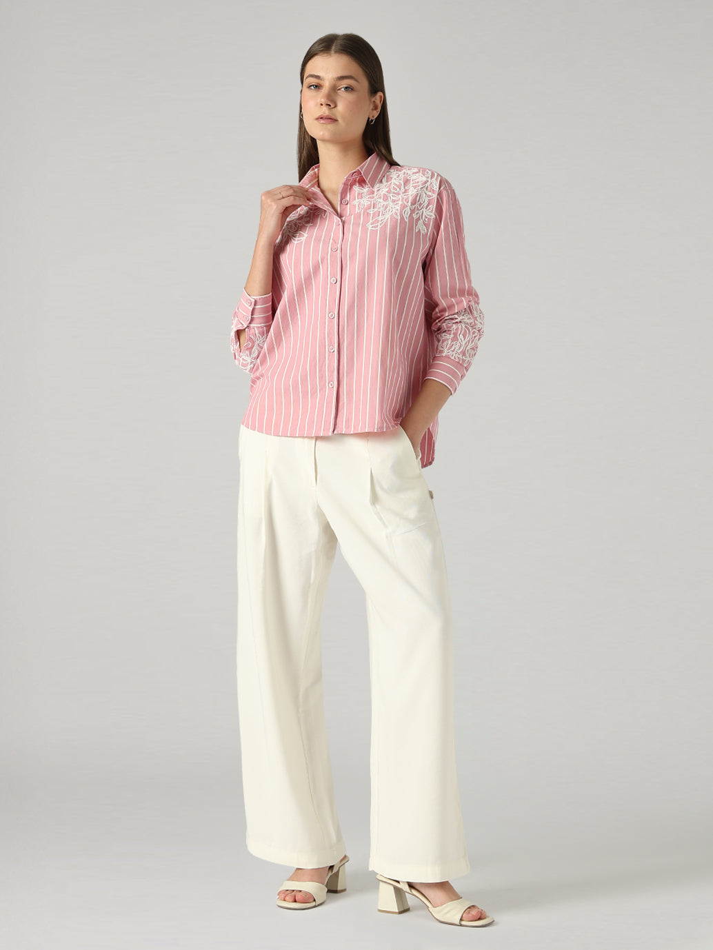 Women's Embroidery Detail Relaxed Fit Poplin Shirt - Full View