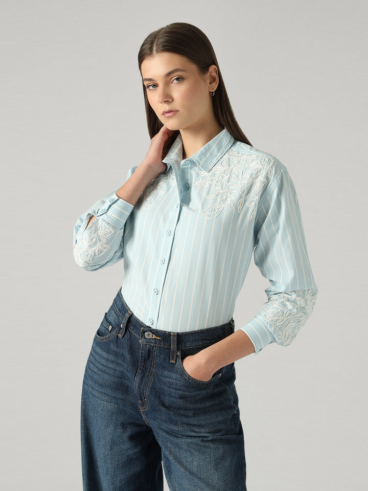 Women's Embroidery Detail Relaxed Fit Poplin Shirt