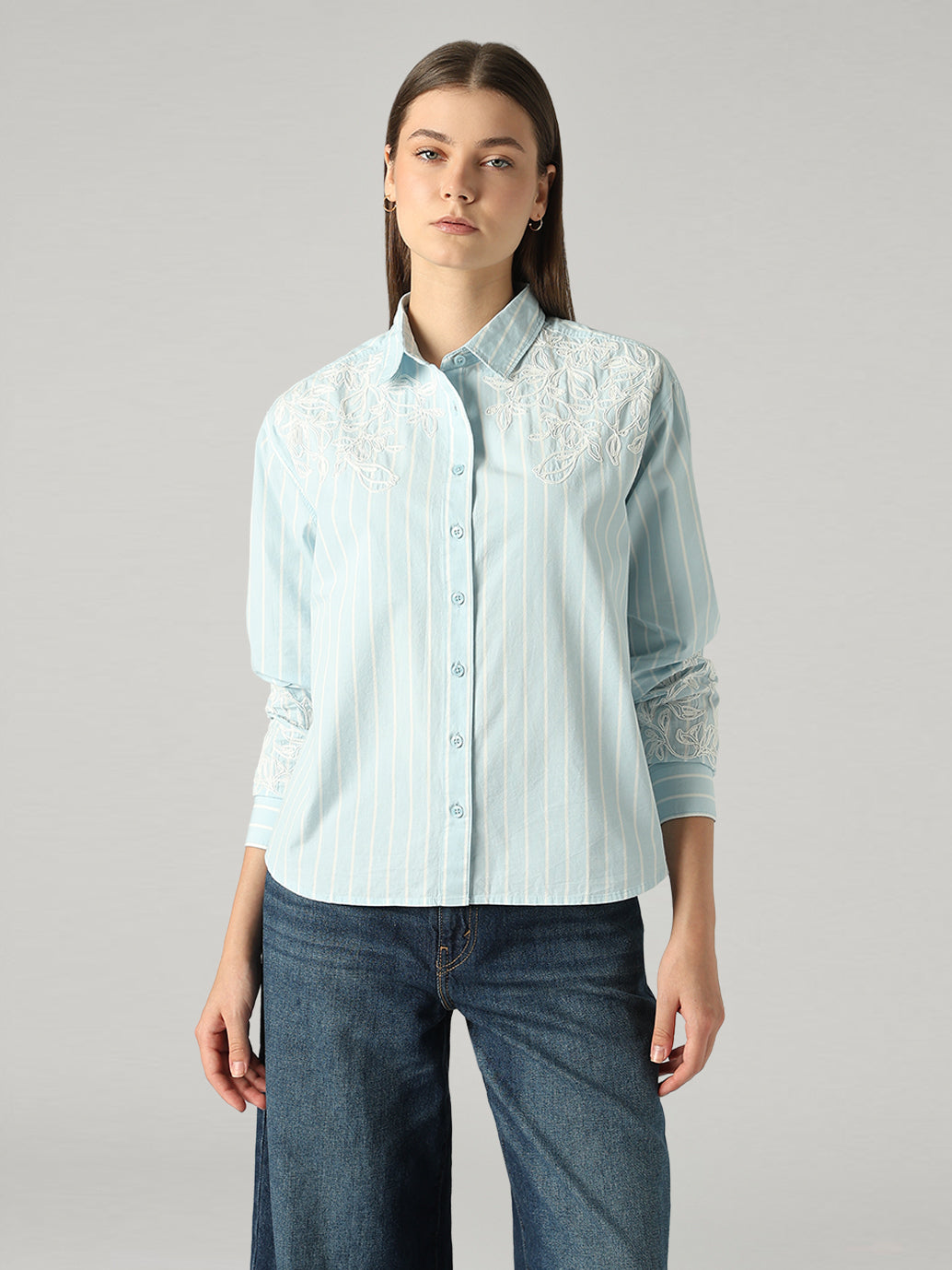 Women's Embroidery Detail Relaxed Fit Poplin Shirt - Front View