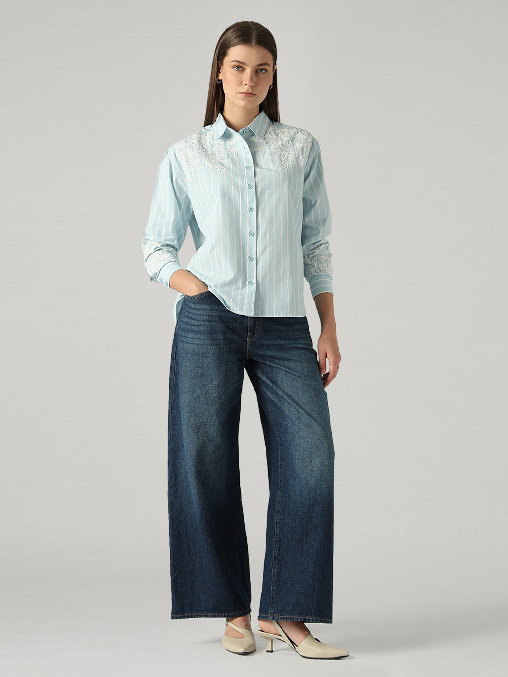 Women's Embroidery Detail Relaxed Fit Poplin Shirt - Full View