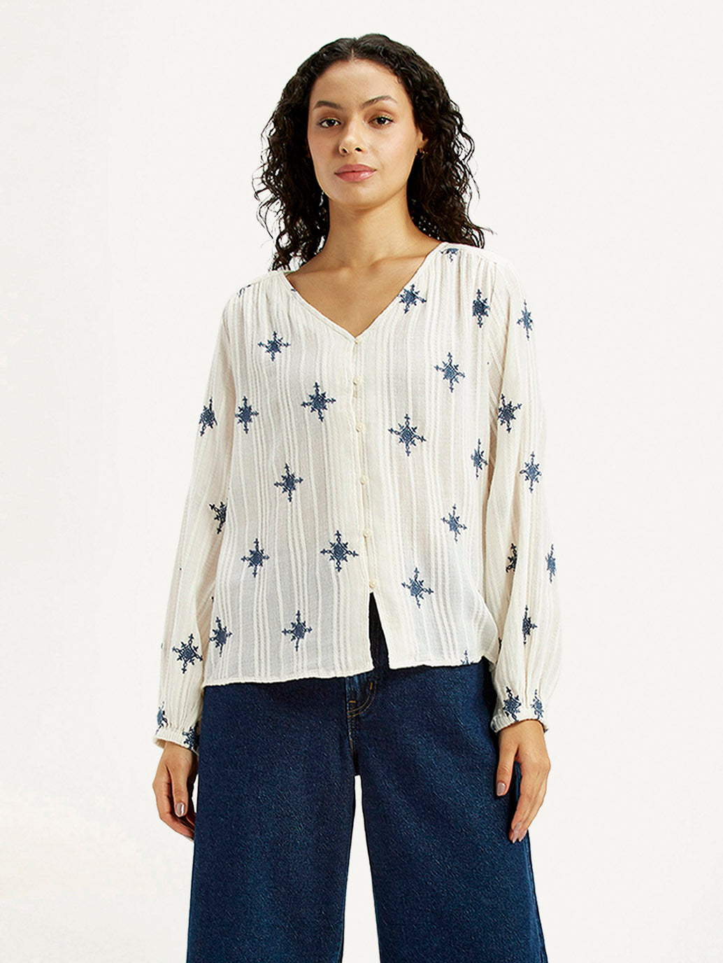 Women's Embroidered Off White V-Neck Top