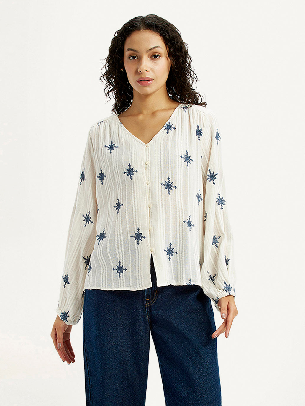 Women's Embroidered Off White V-Neck Top - Front View