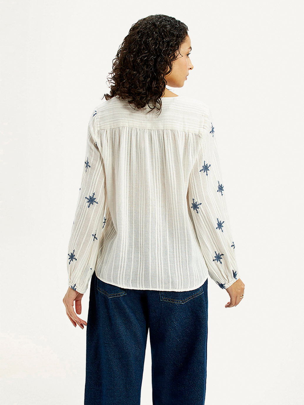 Women's Embroidered Off White V-Neck Top - Back View