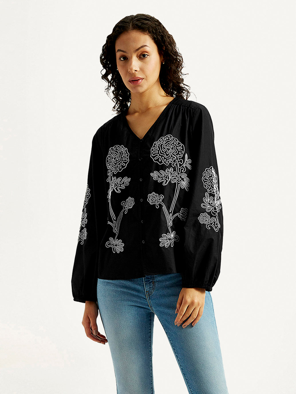 Women's Floral Black V-Neck Top - Styleshot View