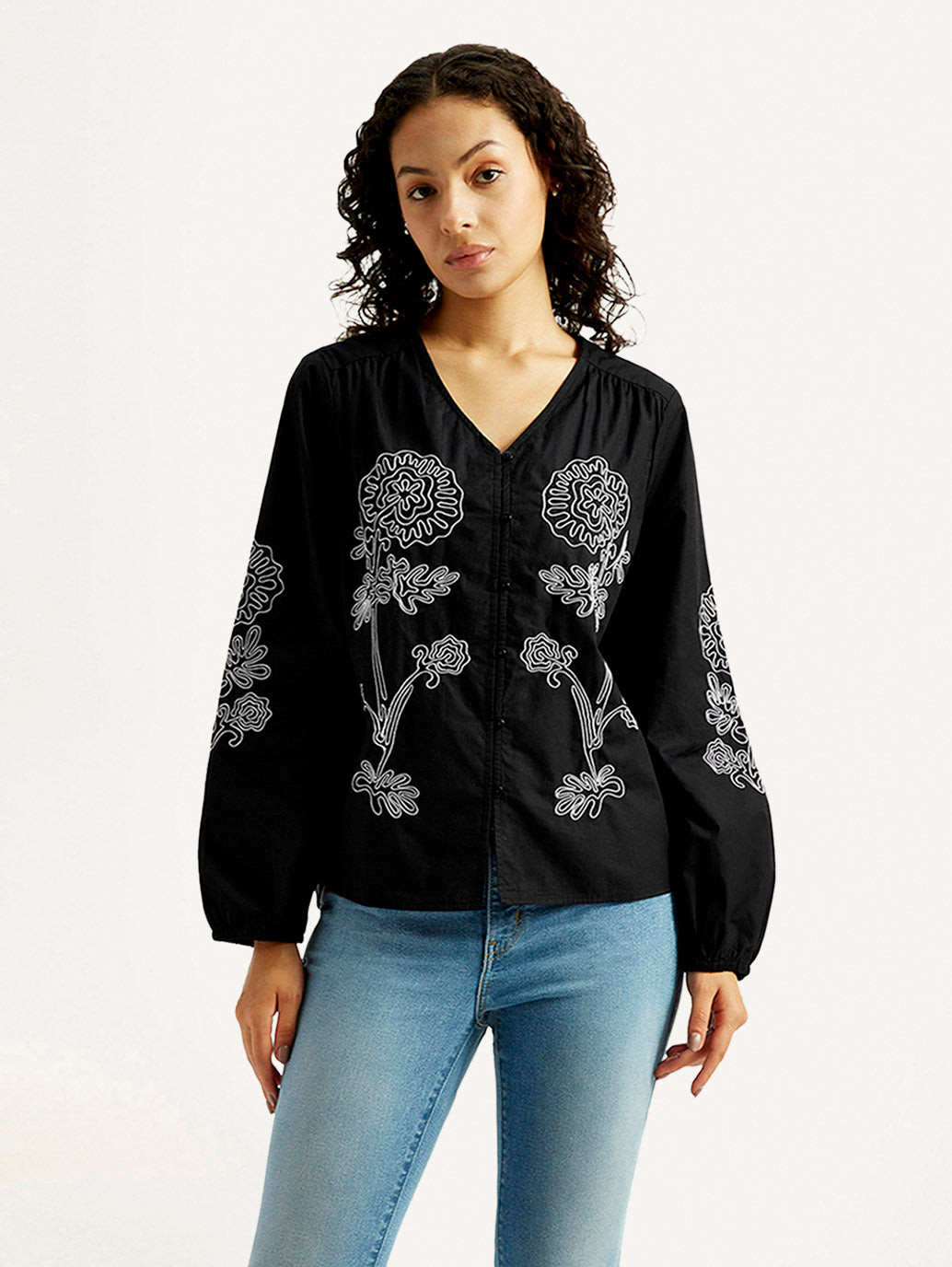 Women's Floral Black V-Neck Top - Front View