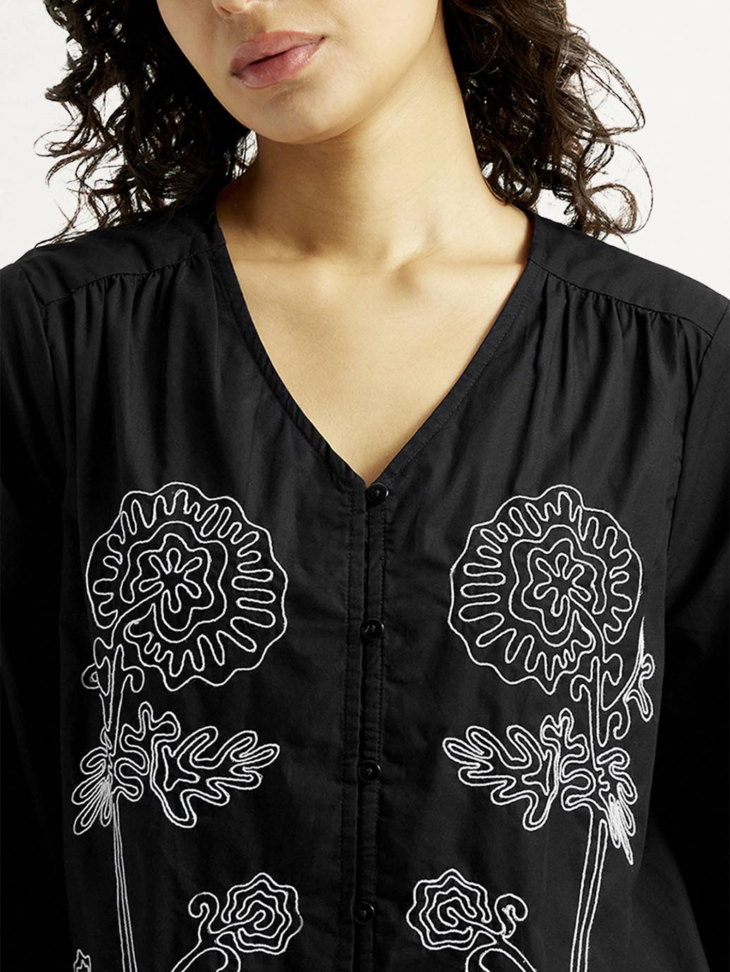 Women's Floral Black V-Neck Top - Detail View