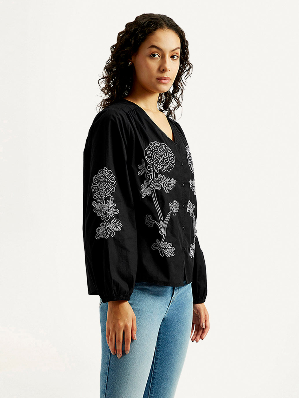 Women's Floral Black V-Neck Top - Side View