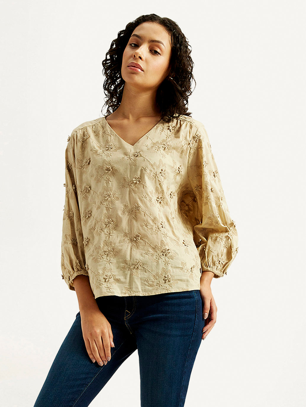 Women's Embroidered Beige V-Neck Top