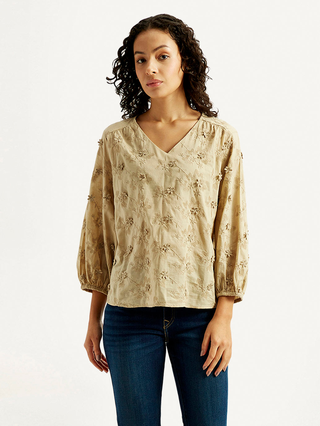 Women's Embroidered Beige V-Neck Top - Front View