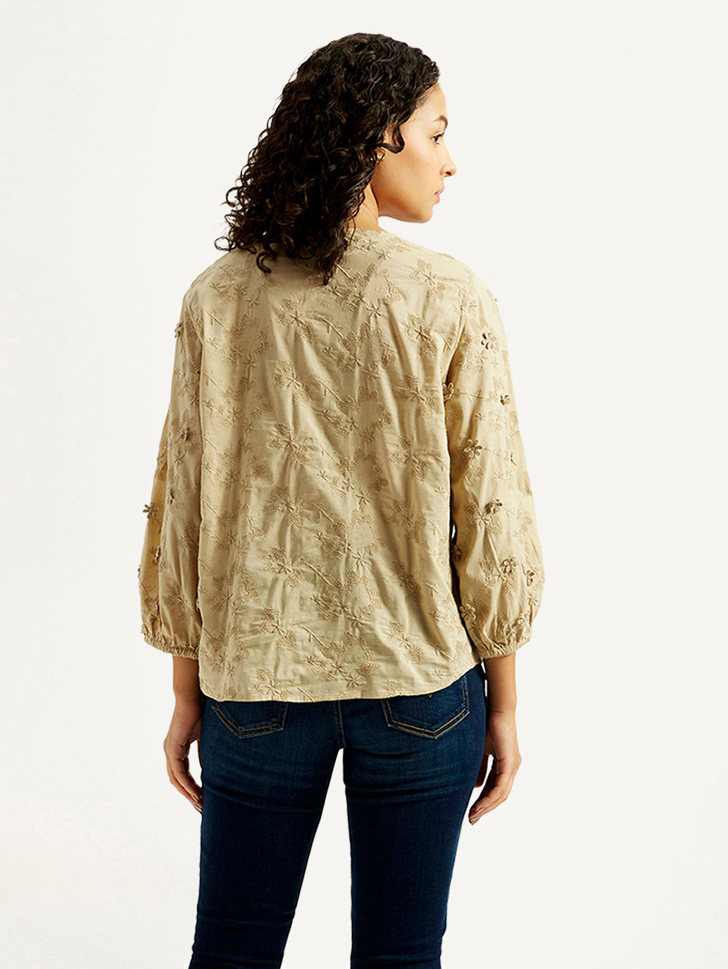 Women's Embroidered Beige V-Neck Top - Back View