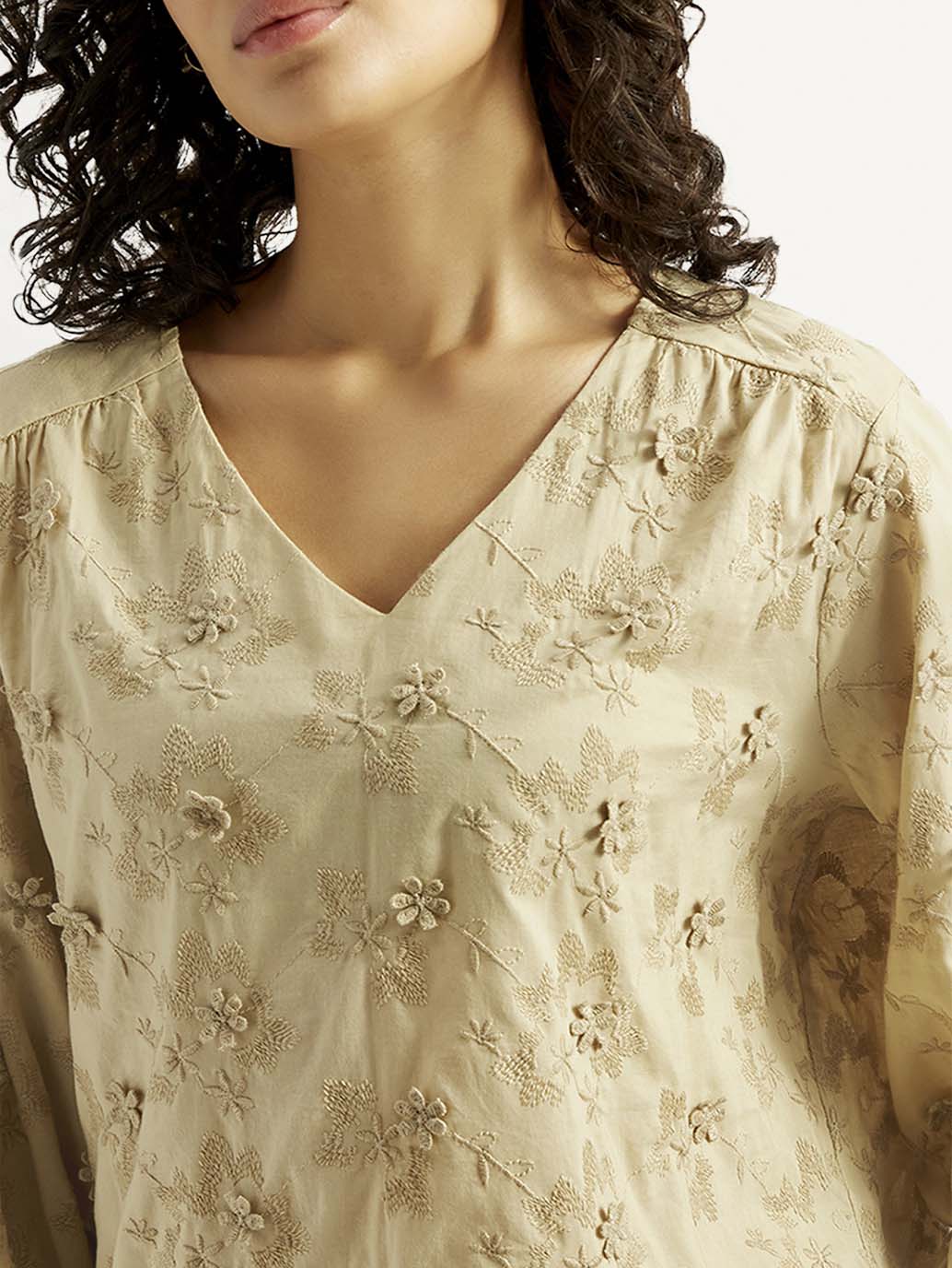 Women's Embroidered Beige V-Neck Top - 20 View