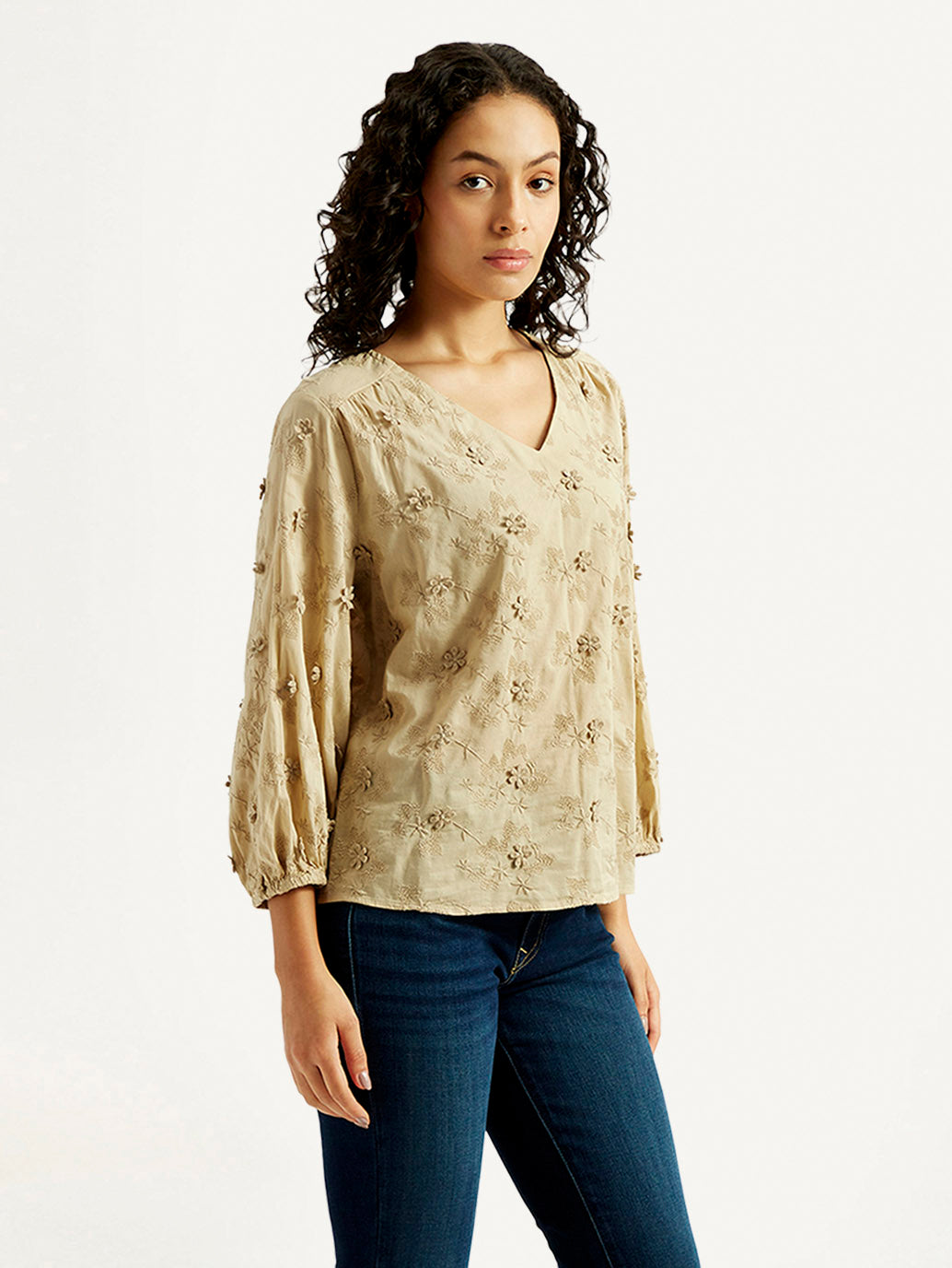 Women's Embroidered Beige V-Neck Top - Side View