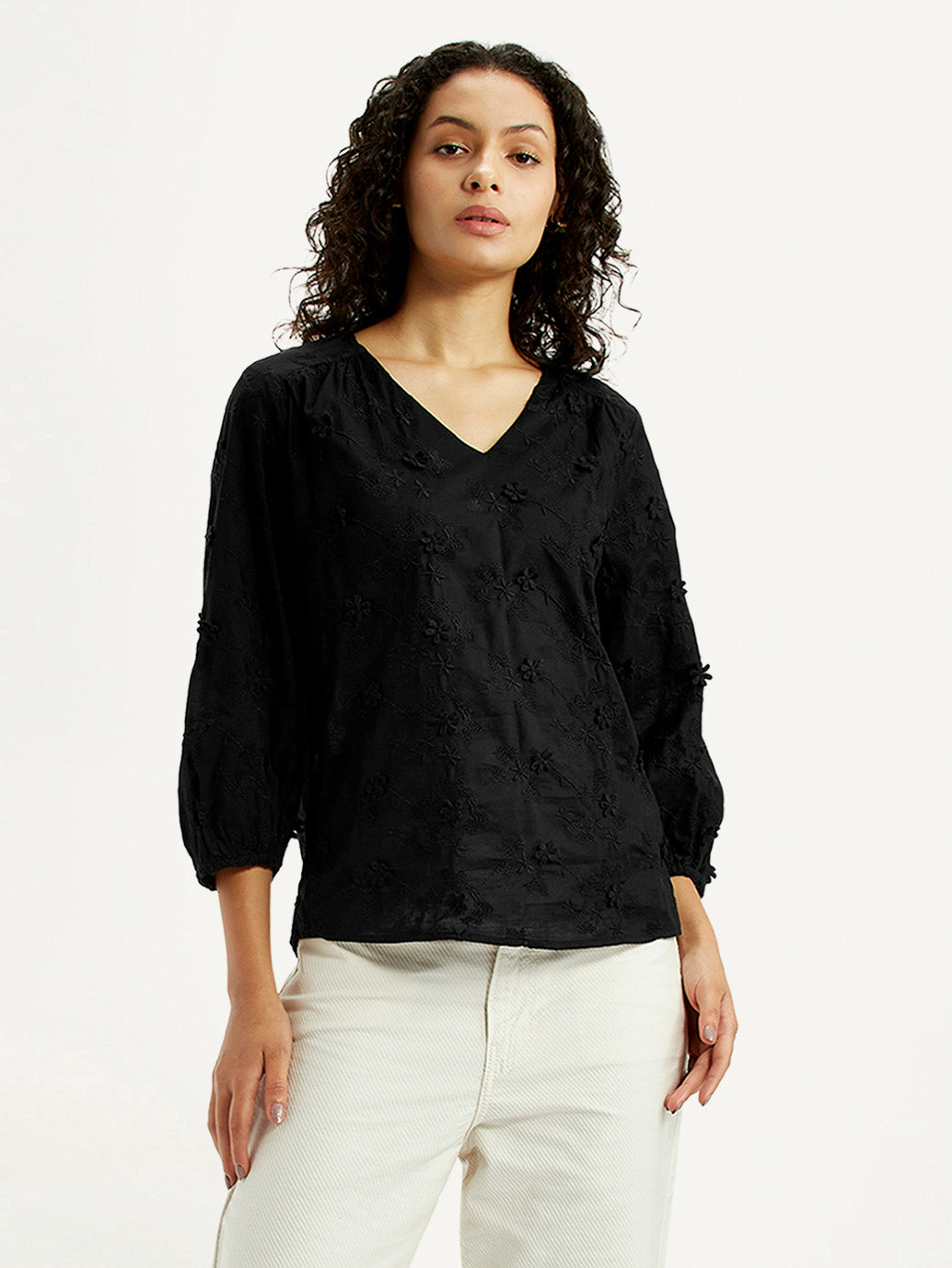 Women's Embroidered Black V-Neck Top