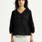 Women's Embroidered Black V-Neck Top - Front View