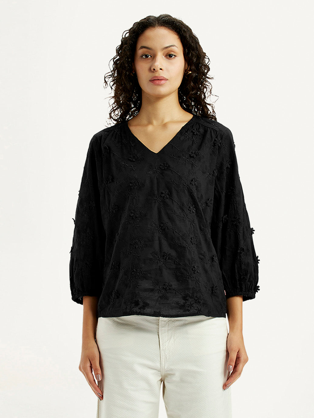 Women's Embroidered Black V-Neck Top - Front View