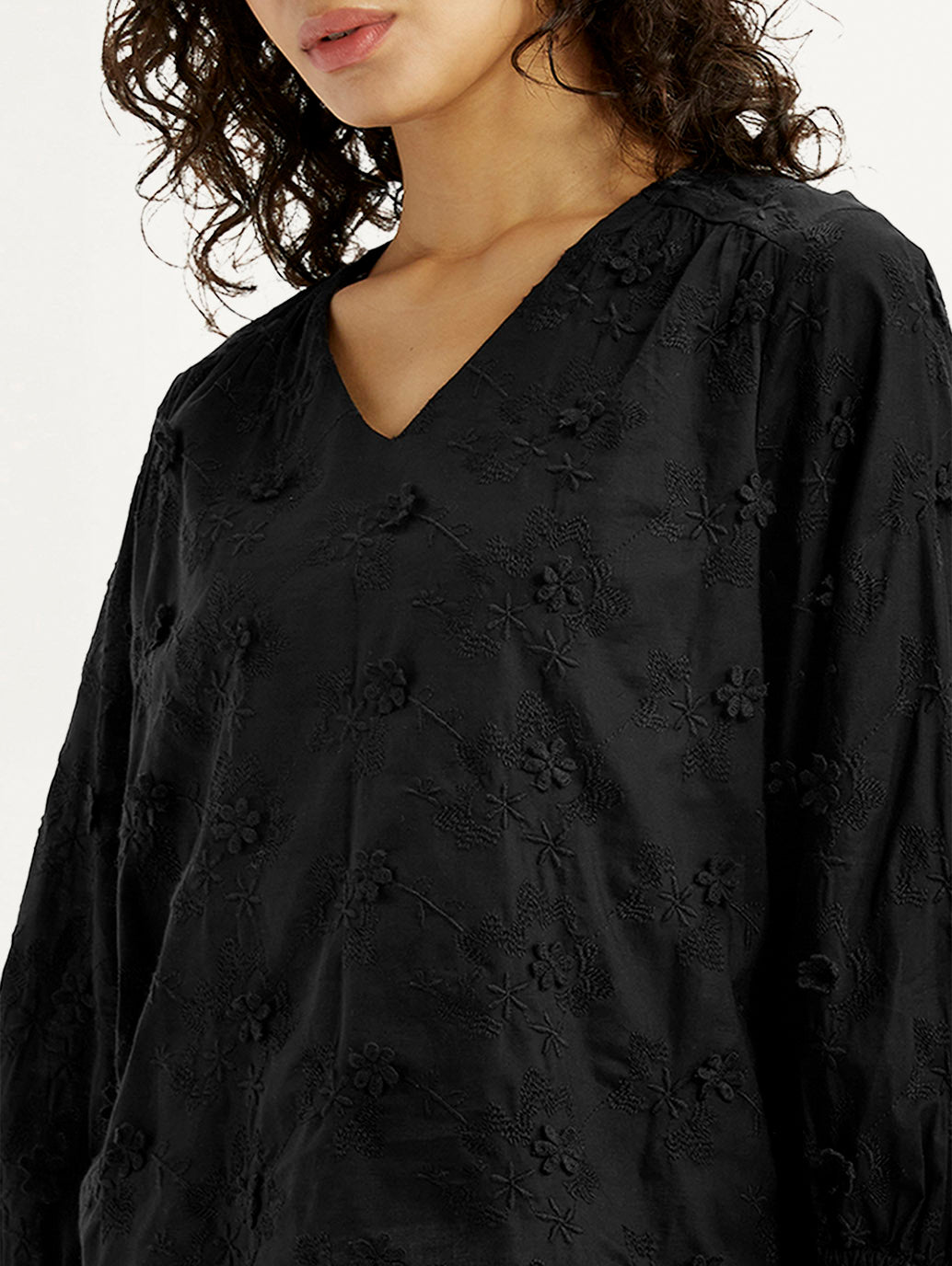 Women's Embroidered Black V-Neck Top - Detail View