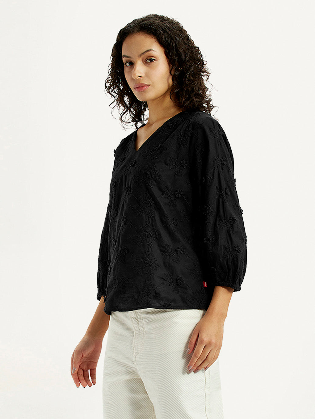 Women's Embroidered Black V-Neck Top - Side View