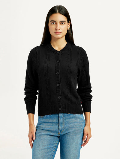 Women's Self Design Black Round Neck Sweater