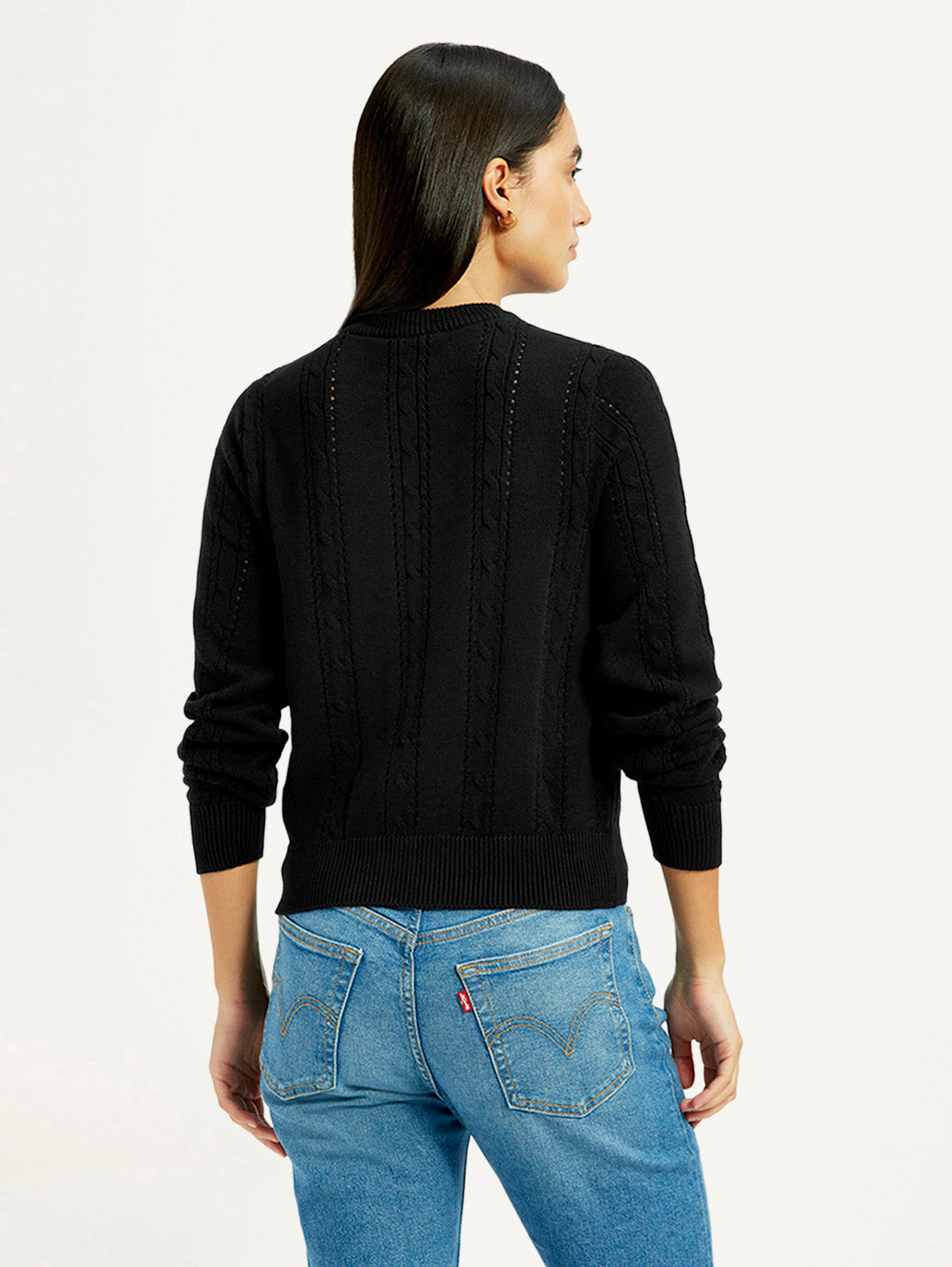 Women's Self Design Black Round Neck Sweater - Back View