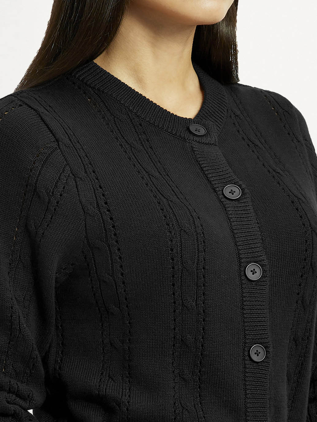 Women's Self Design Black Round Neck Sweater - Detail View