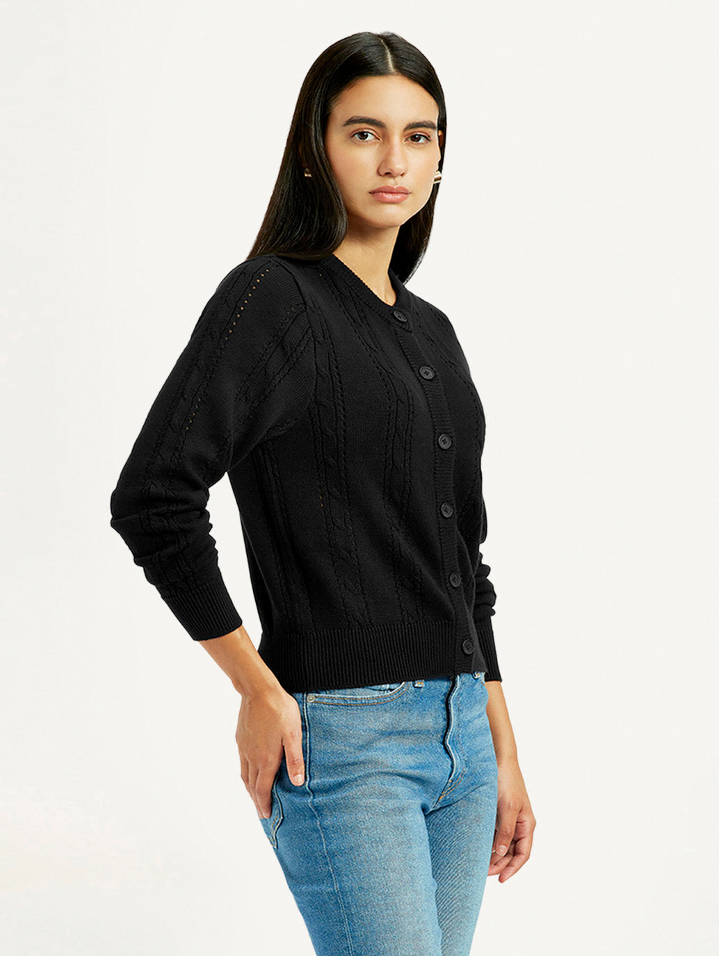 Women's Self Design Black Round Neck Sweater - Side View