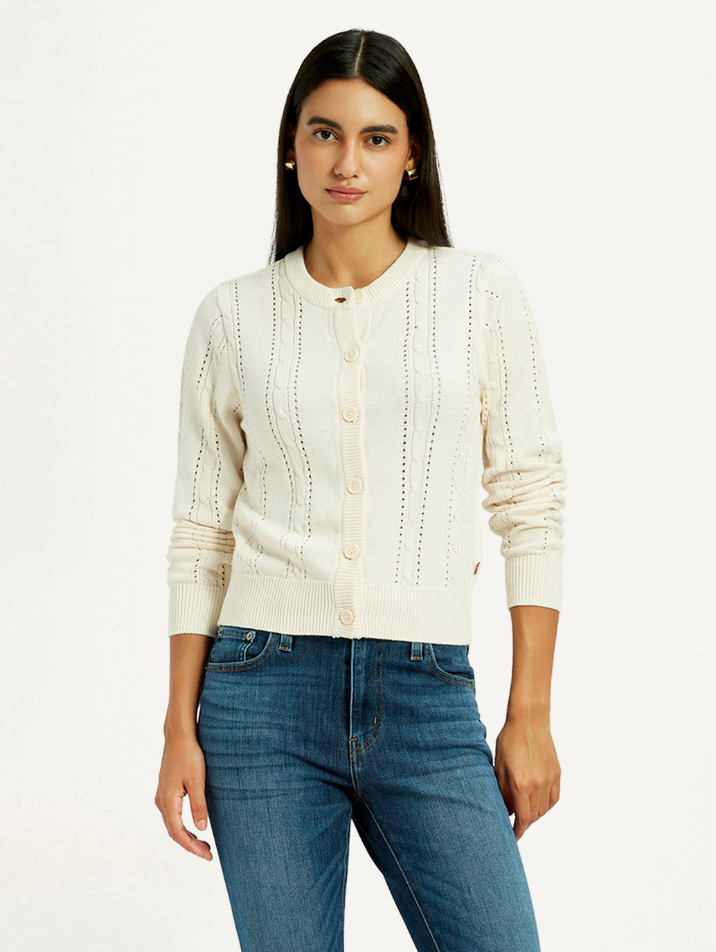 Women's Self Design Cream Round Neck Sweater - Styleshot View