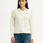 Women's Self Design Cream Round Neck Sweater - Front View