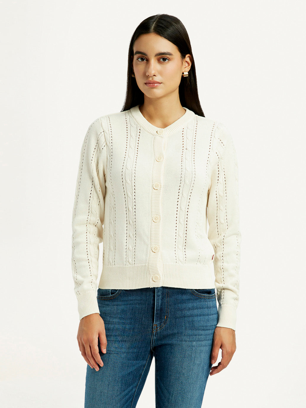 Women's Self Design Cream Round Neck Sweater - Front View