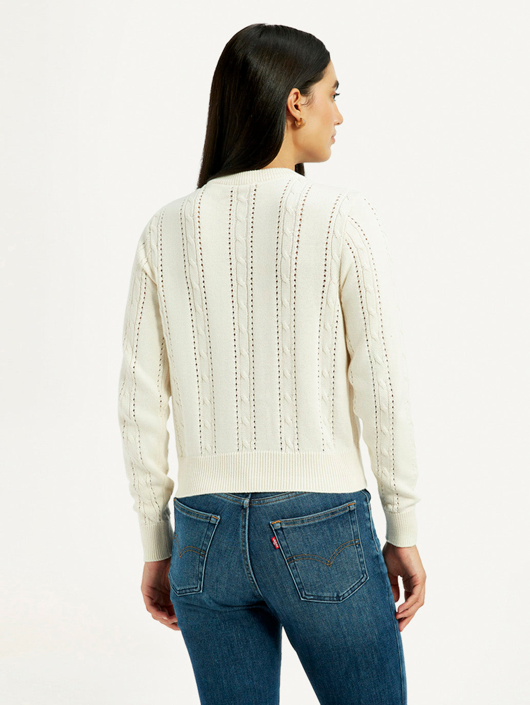 Women's Self Design Cream Round Neck Sweater - Back View