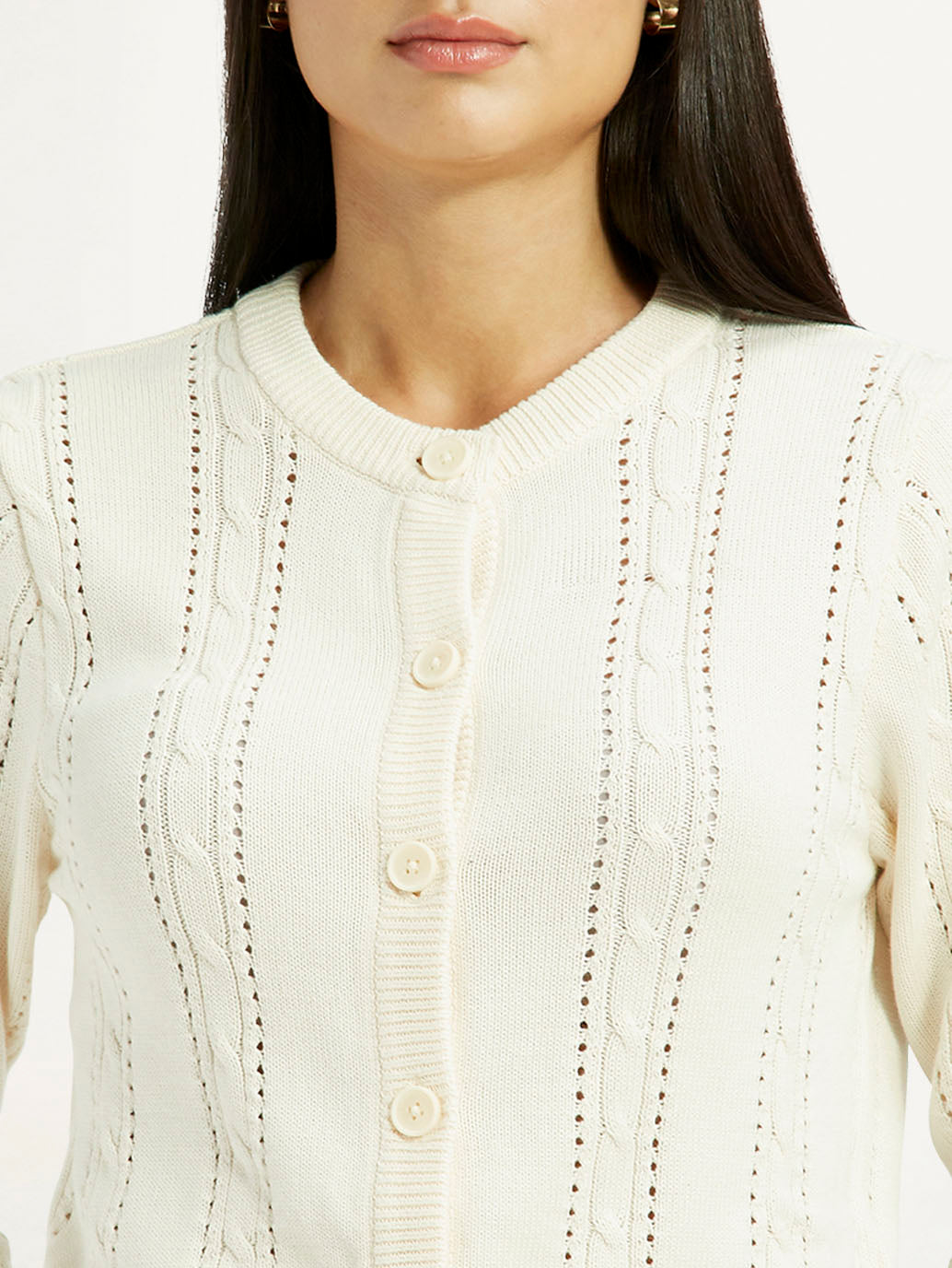 Women's Self Design Cream Round Neck Sweater - Detail View