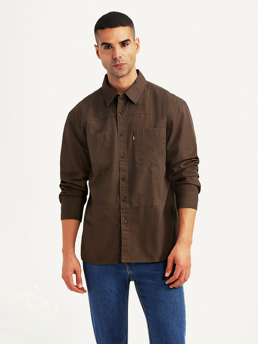 Men's Solid Brown Relaxed Fit Commuter Shirt - Front View